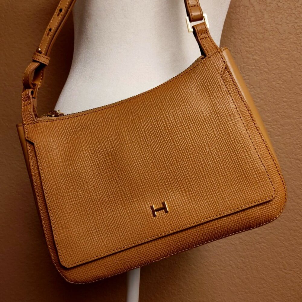 H by Halston Crocodile tan Embossed Saddle Crossbody bag - new
